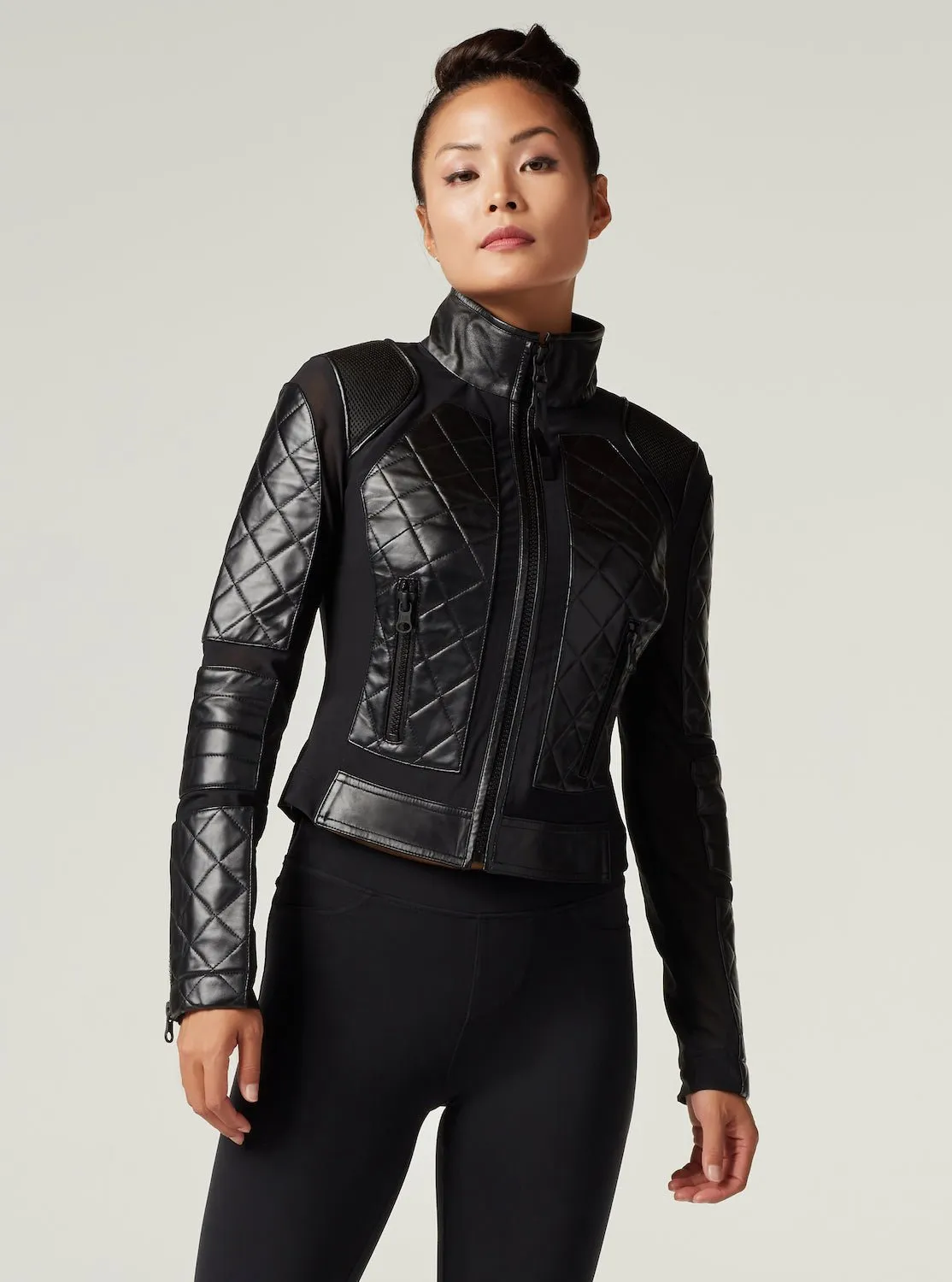 Classic Black Quilted Genuine Leather Mesh Moto Jacket sold by blanc noir product image thumbnail 3