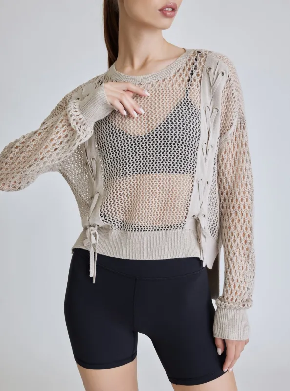 Crochet Lace Up Sweatshirt - Pumice Stone - FINAL SALE made by blanc noir