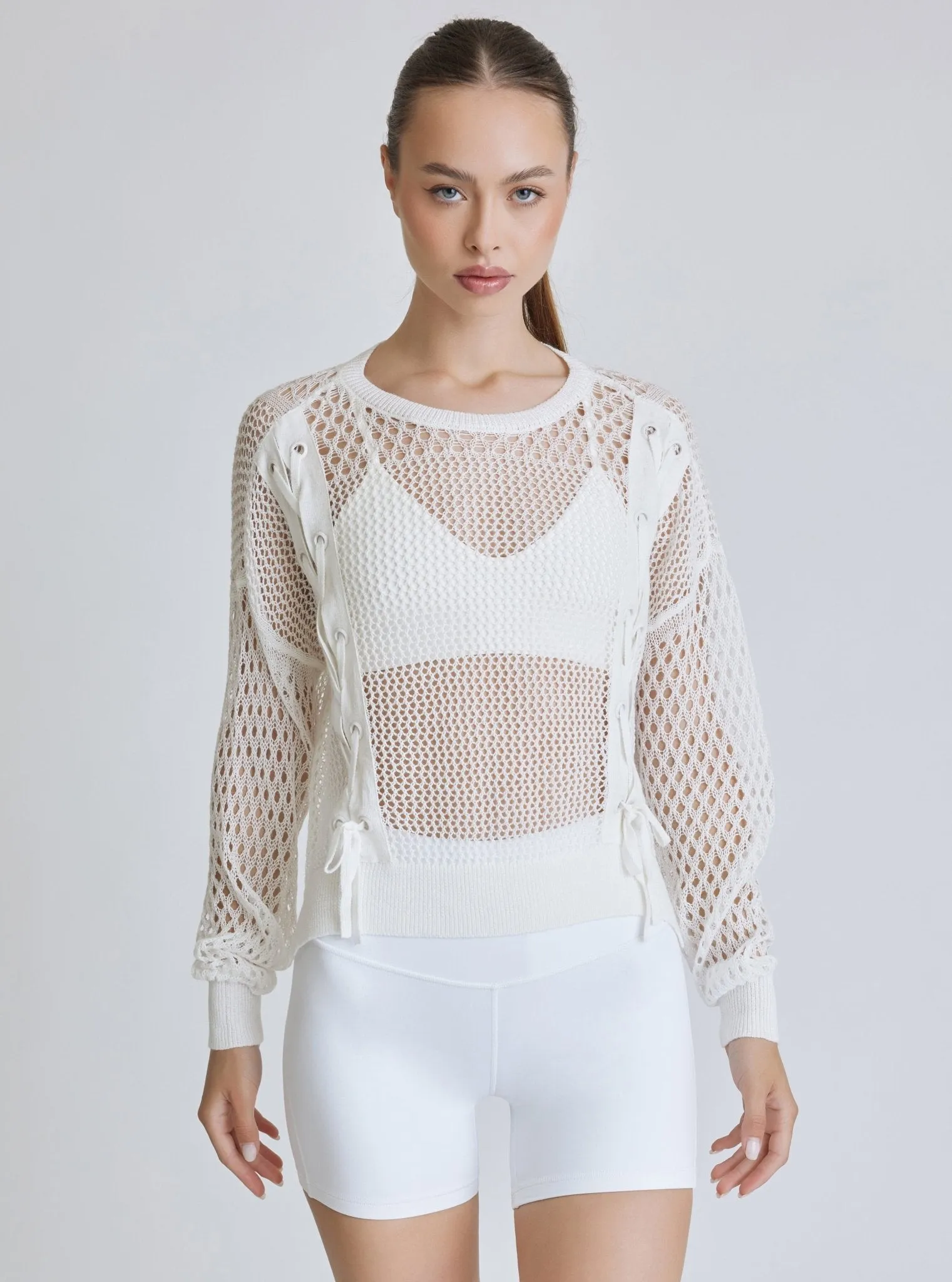 White Lace Up Crochet Sweatshirt - FINAL SALE sold by blanc noir product image thumbnail 2