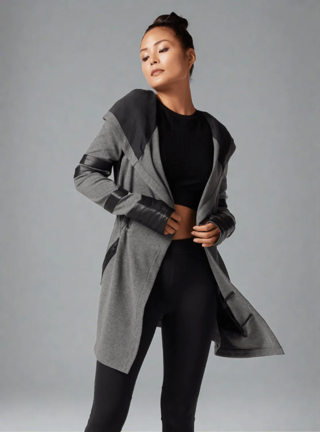 Maitri Stretch Wrap Traveler Jacket with Silk Lined Hood and Vegan Leather Details - Grey sold by blanc noir product image thumbnail 2