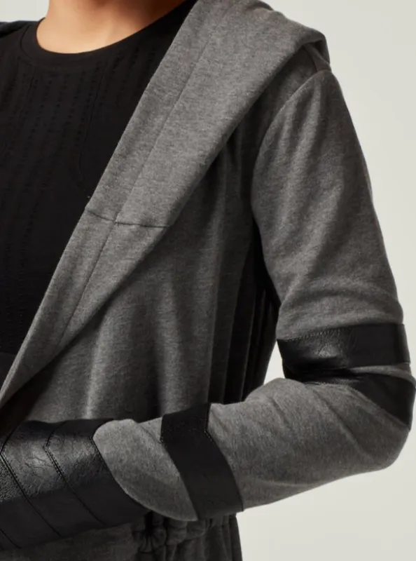 Maitri Stretch Wrap Traveler Jacket with Silk Lined Hood and Vegan Leather Details - Grey sold by blanc noir
