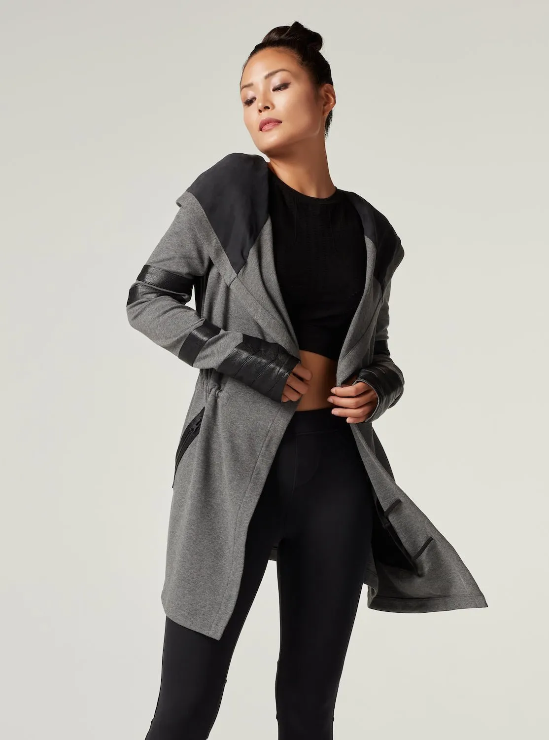 Maitri Stretch Wrap Traveler Jacket with Silk Lined Hood and Vegan Leather Details - Grey sold by blanc noir product image thumbnail 5