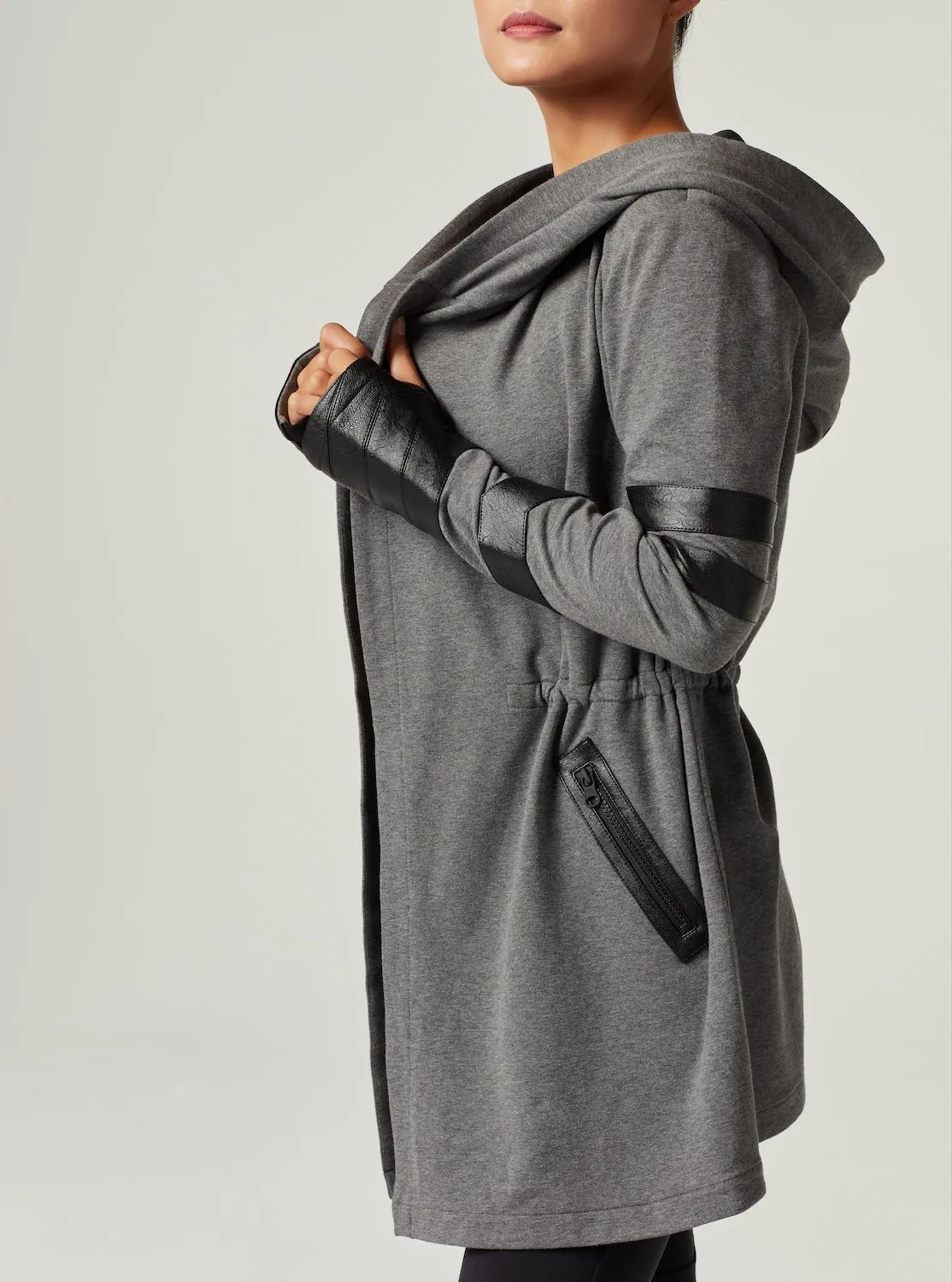 Maitri Stretch Wrap Traveler Jacket with Silk Lined Hood and Vegan Leather Details - Grey sold by blanc noir product image thumbnail 4