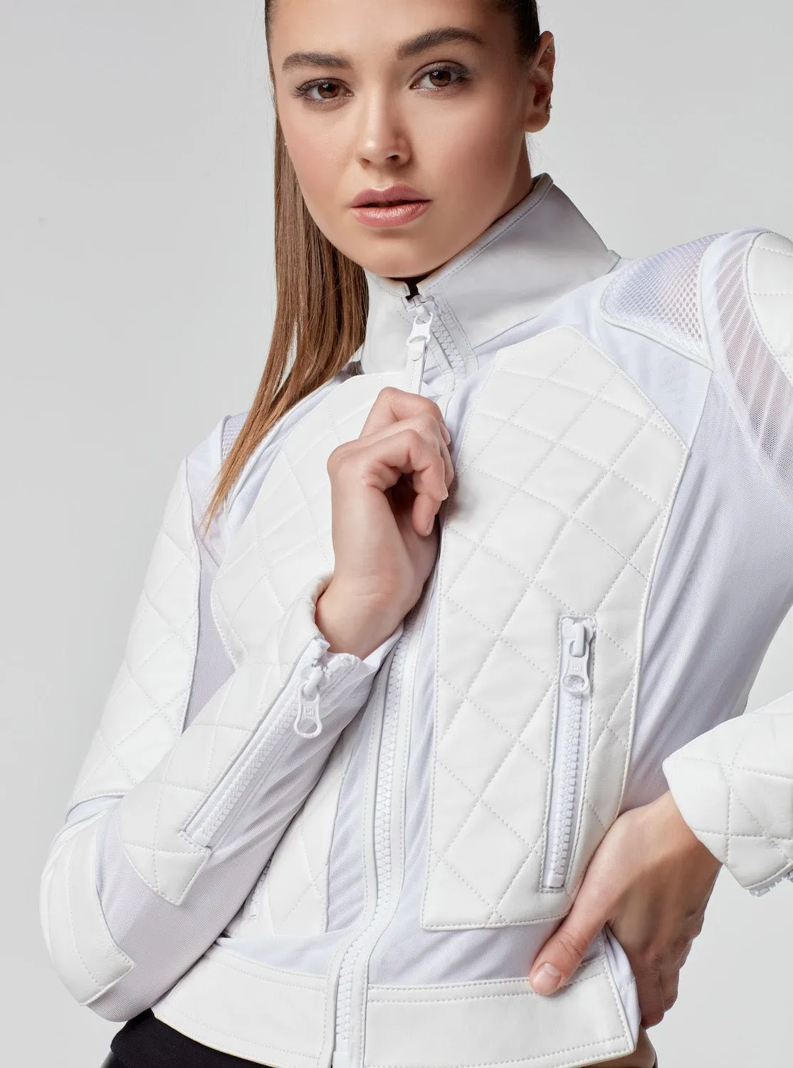Genuine Classic Leather Mesh Moto Jacket with Lace Up Back - White sold by blanc noir product image thumbnail 5