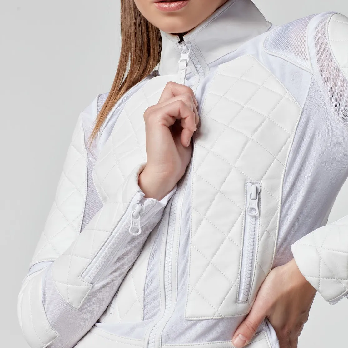 Genuine Classic Leather Mesh Moto Jacket with Lace Up Back - White sold by blanc noir