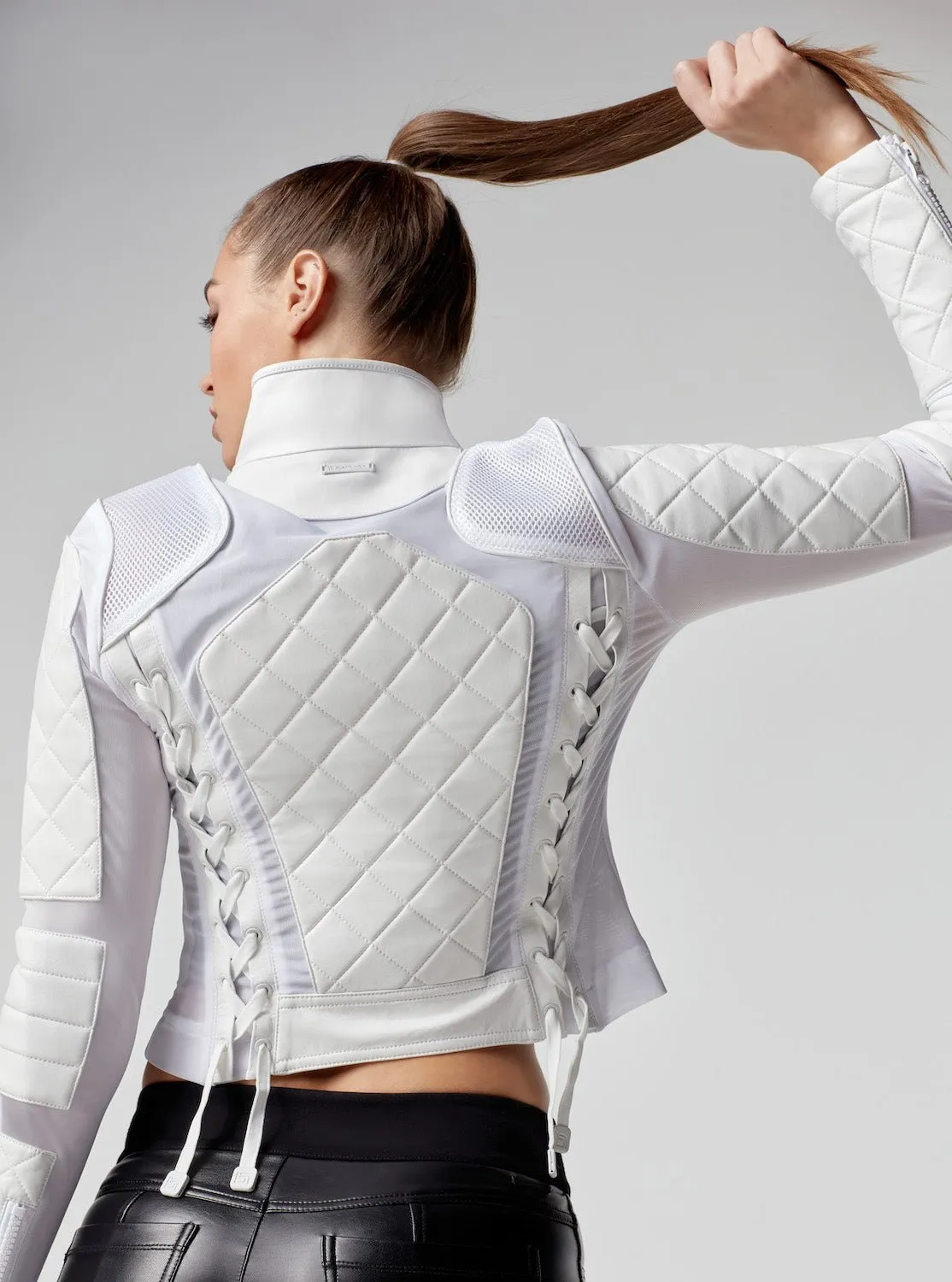 Genuine Classic Leather Mesh Moto Jacket with Lace Up Back - White sold by blanc noir product image thumbnail 4