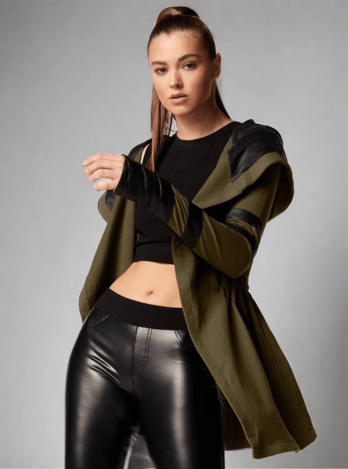 Maitri Stretch Wrap Traveler Jacket with Silk Lined Hood Vegan Leather Details - Olive sold by blanc noir product image thumbnail 2