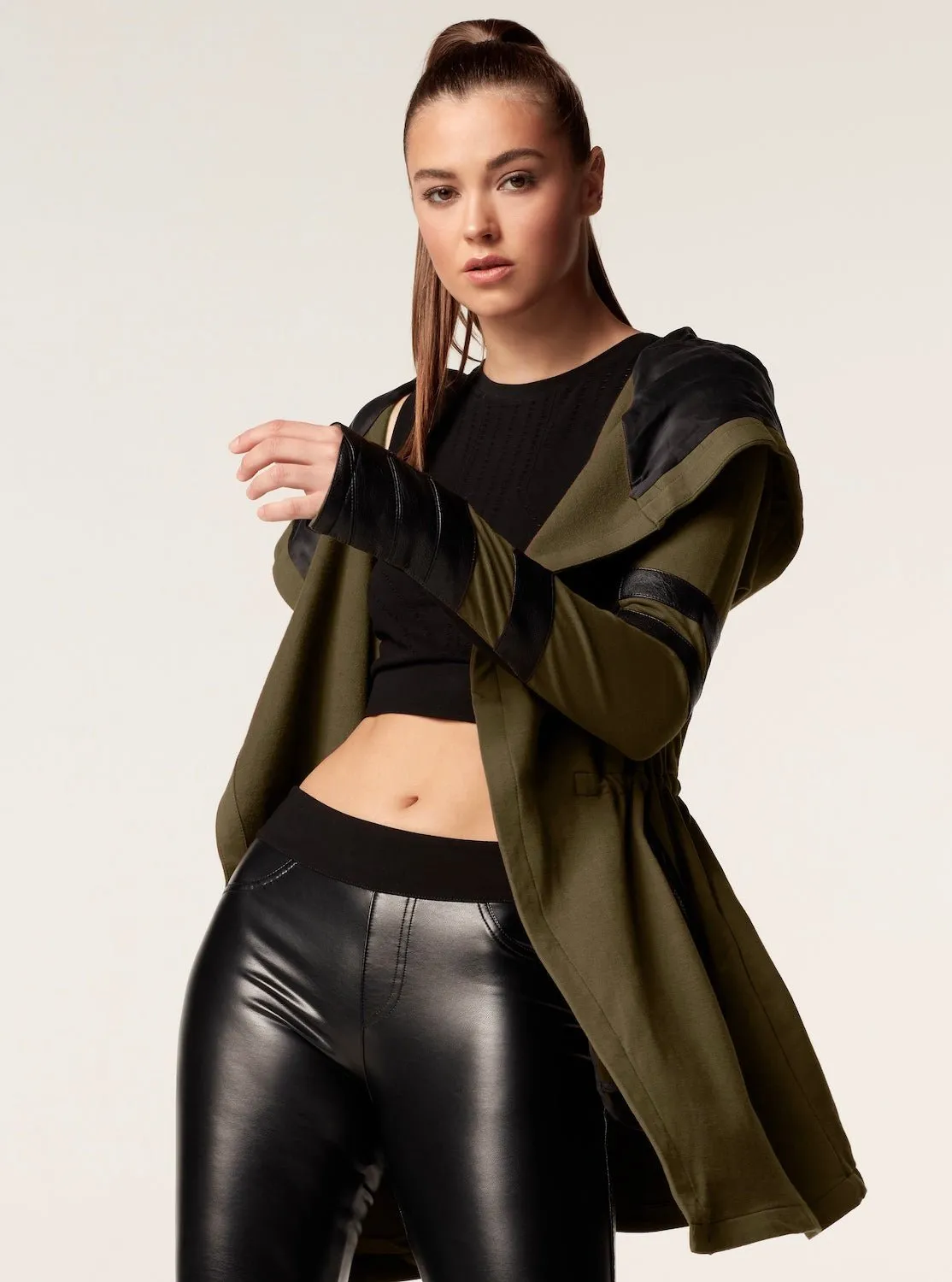 Maitri Stretch Wrap Traveler Jacket with Silk Lined Hood Vegan Leather Details - Olive sold by blanc noir product image thumbnail 3
