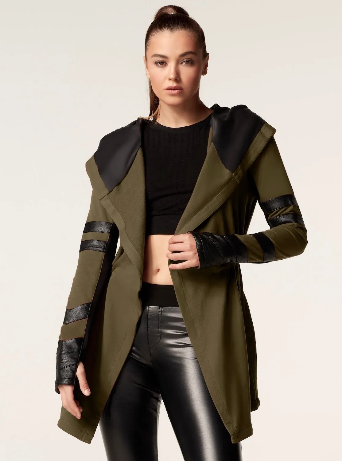 Maitri Stretch Wrap Traveler Jacket with Silk Lined Hood Vegan Leather Details - Olive sold by blanc noir product image thumbnail 4