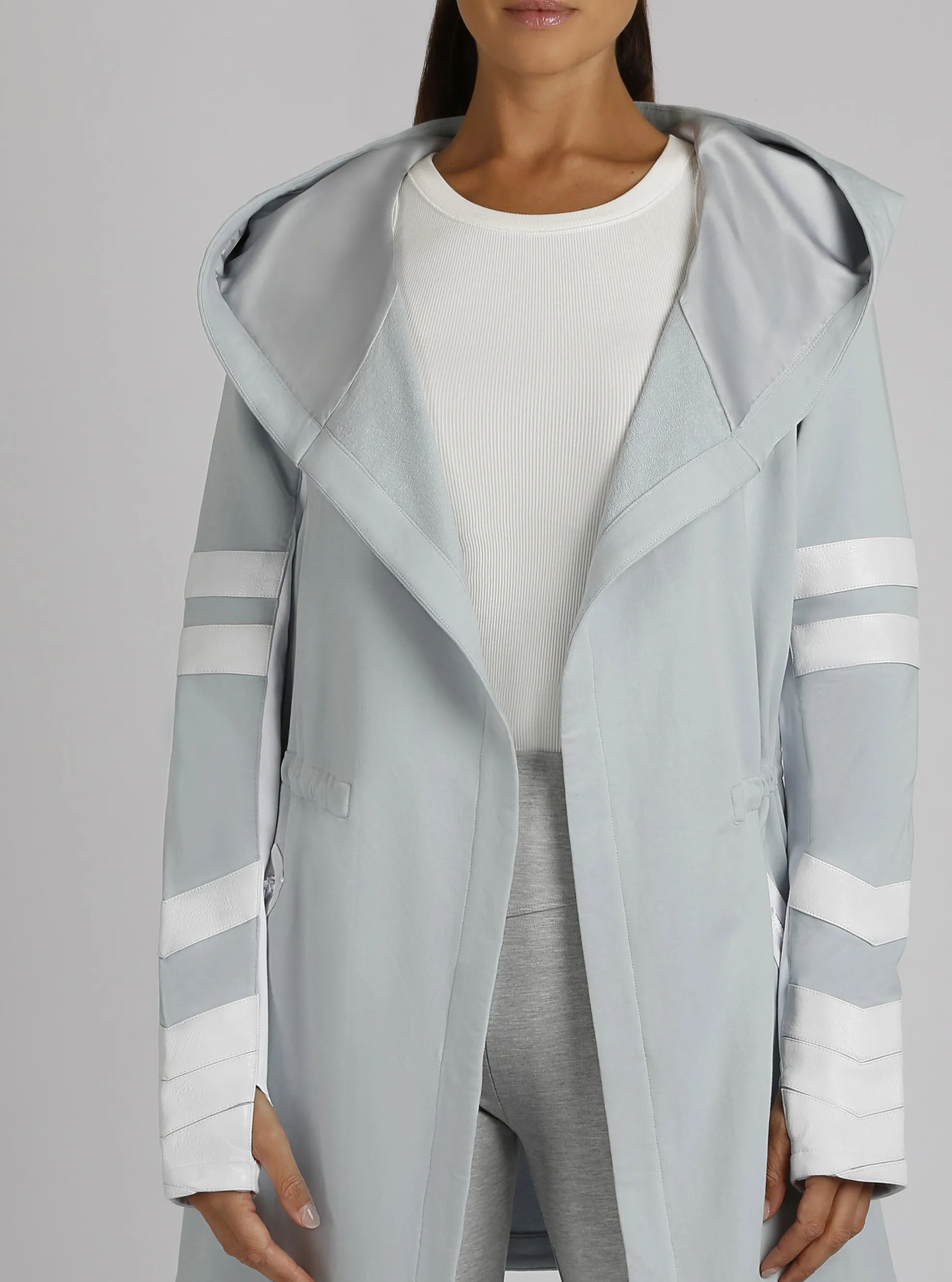 Maitri Stretch Wrap Traveler Jacket with Silk Lined Hood - Pearl/White sold by blanc noir