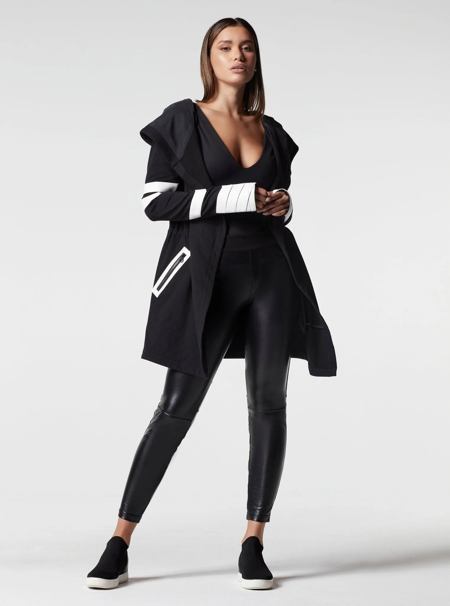 Maitri Stretch Wrap Traveler Jacket with Silk Lined Hood Black/White Vegan Leather Details sold by blanc noir product image thumbnail 4