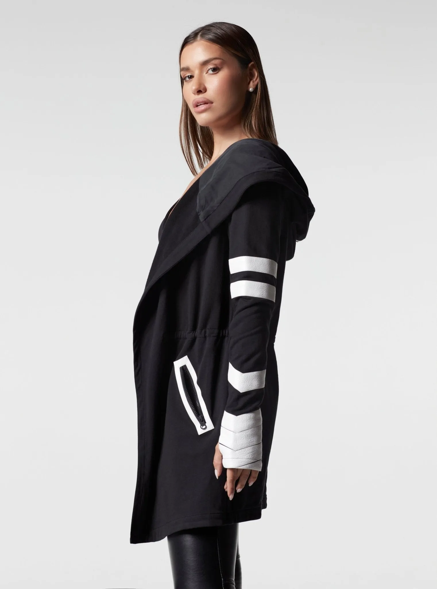 Maitri Stretch Wrap Traveler Jacket with Silk Lined Hood Black/White Vegan Leather Details sold by blanc noir product image thumbnail 3