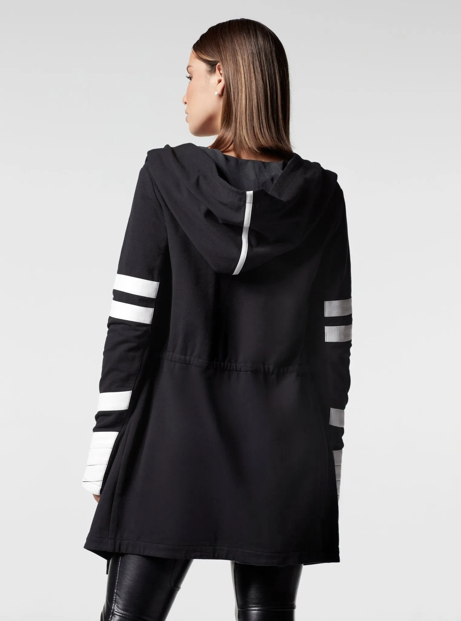 Maitri Stretch Wrap Traveler Jacket with Silk Lined Hood Black/White Vegan Leather Details sold by blanc noir product image thumbnail 5