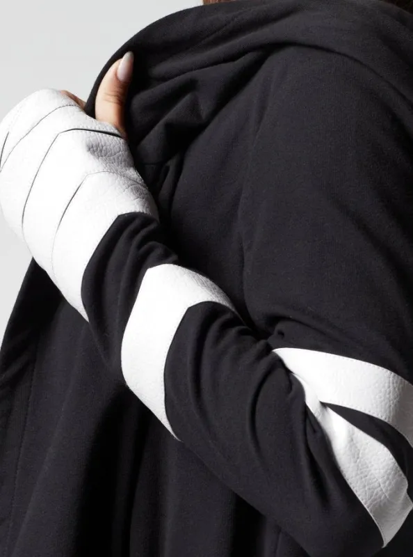 Maitri Stretch Wrap Traveler Jacket with Silk Lined Hood Black/White Vegan Leather Details made by blanc noir