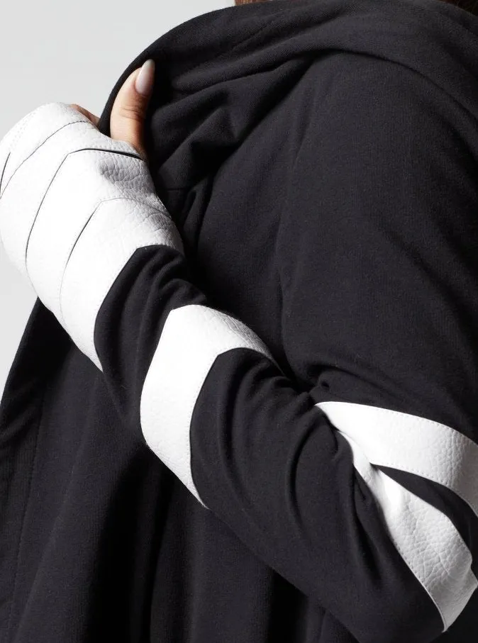 Maitri Stretch Wrap Traveler Jacket with Silk Lined Hood Black/White Vegan Leather Details sold by blanc noir