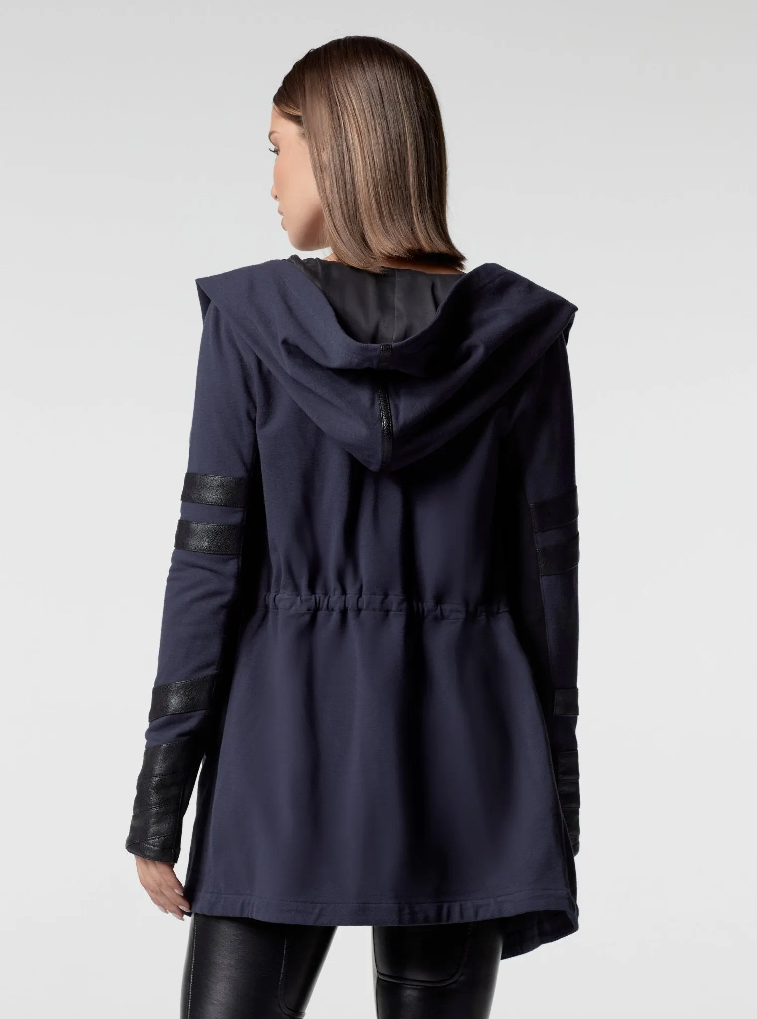 Maitri Stretch Wrap Traveler Jacket - with Silk Lined Hood and Vegan Leather Details Limited Edition Patriot Blue sold by blanc noir product image thumbnail 4