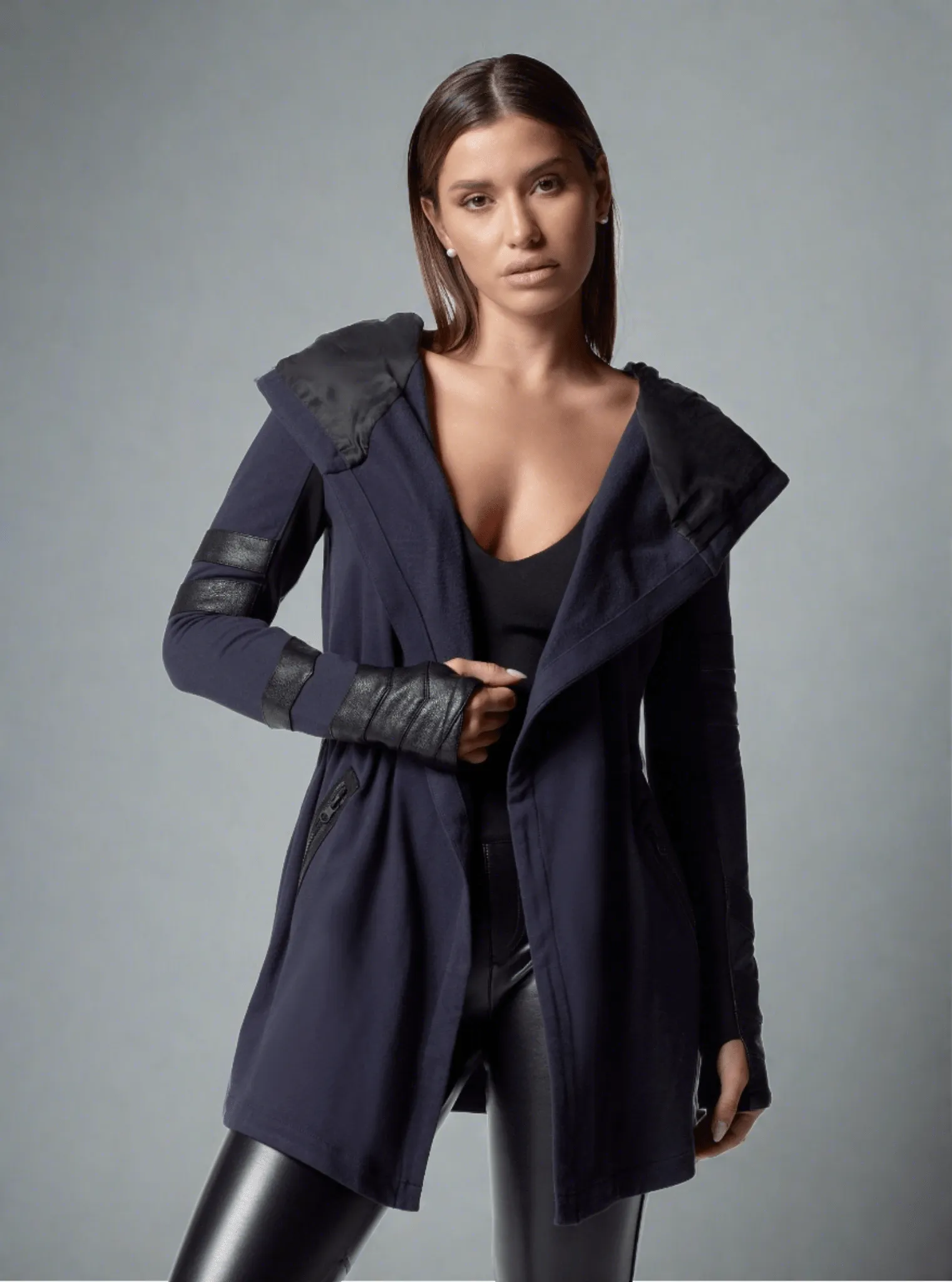 Maitri Stretch Wrap Traveler Jacket - with Silk Lined Hood and Vegan Leather Details Limited Edition Patriot Blue sold by blanc noir product image thumbnail 3