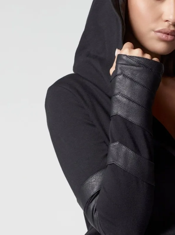 Maitri Stretch Wrap Traveler Jacket with Silk Lined Hood and Vegan Leather Details Black/Black made by blanc noir