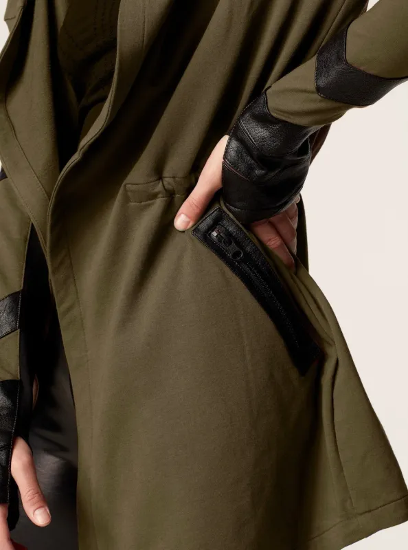 Maitri Stretch Wrap Traveler Jacket with Silk Lined Hood Vegan Leather Details - Olive FINAL SALE made by blanc noir