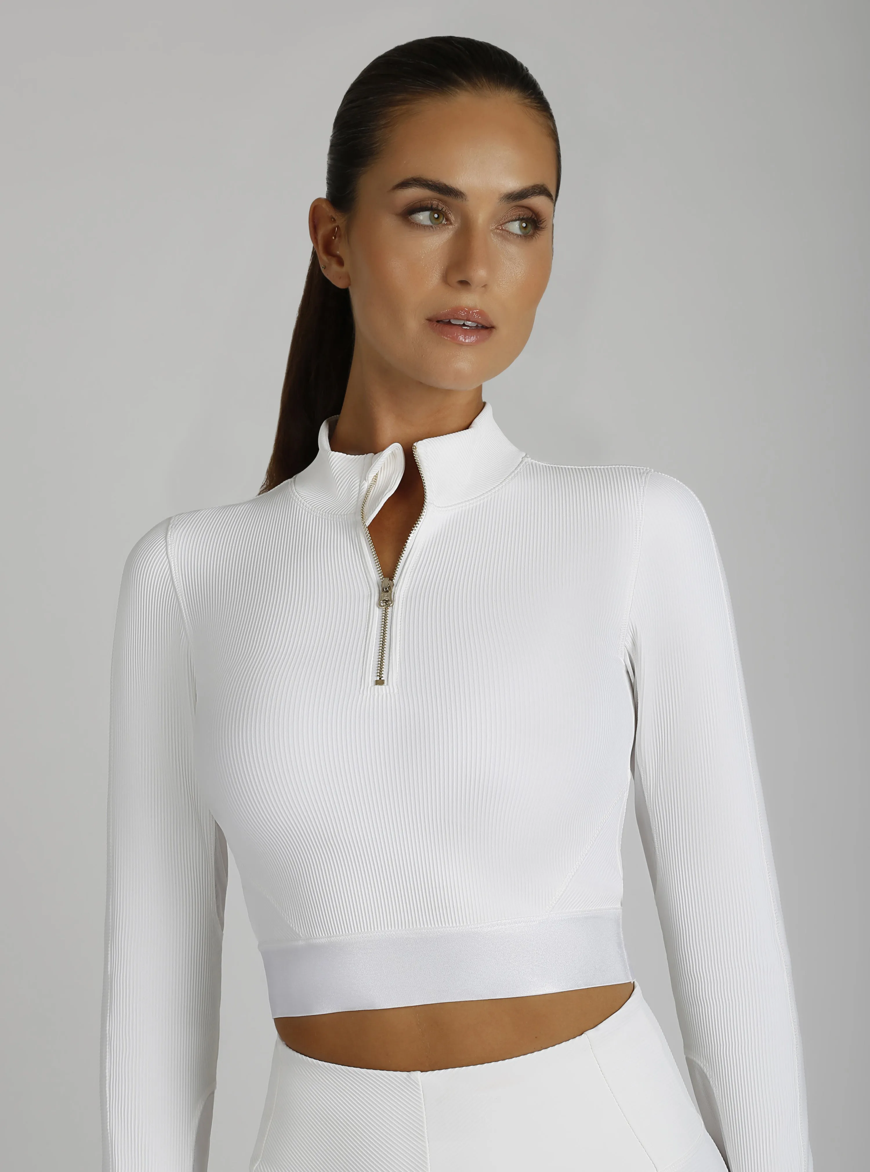 Directional Rib Gold Trims Zip Neck Top: Optic White or Pumice FINAL SALE sold by blanc noir product image thumbnail 4