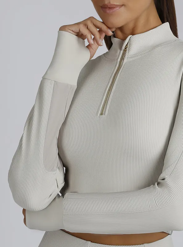 Directional Rib Gold Trims Zip Neck Top: Optic White or Pumice FINAL SALE made by blanc noir