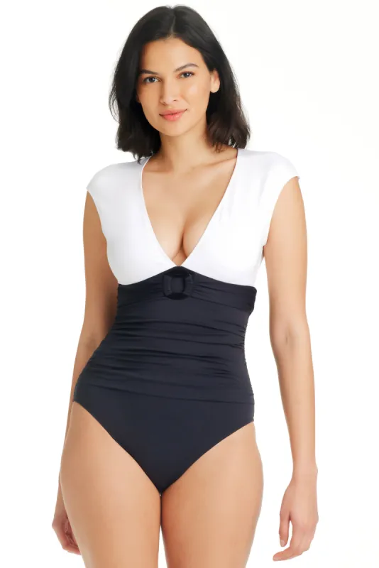 Graphic Measures One Piece Cap Sleeve Swimsuit made by Bleu Rod Beattie