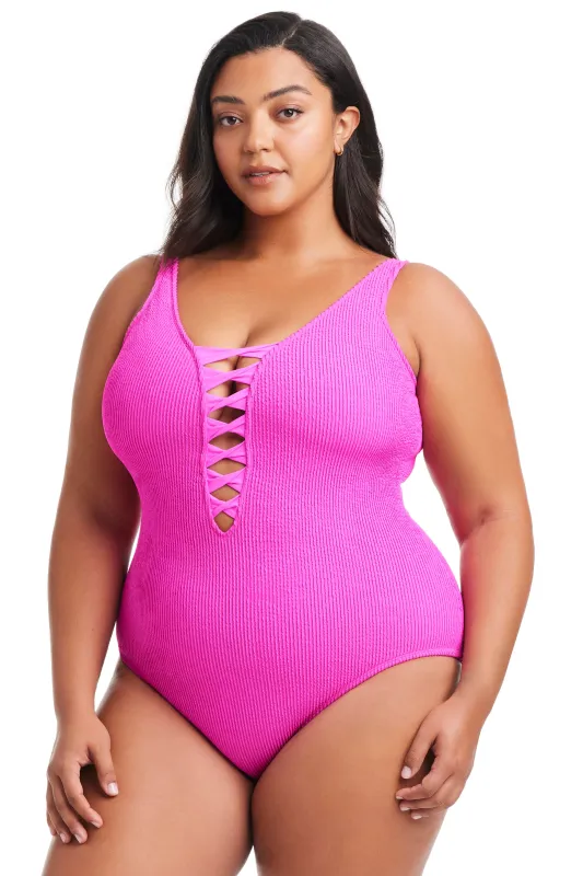 NEW! Plus Size Pucker Up Lace Down One Piece Swimsuit sold by Bleu Rod Beattie