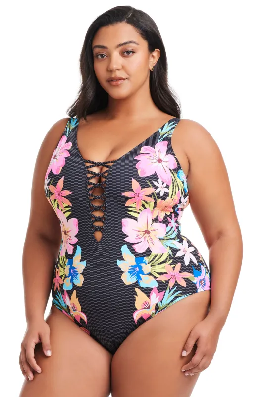 NEW! Plus Size Sweet Escape Lace Down One Piece Swimsuit sold by Bleu Rod Beattie