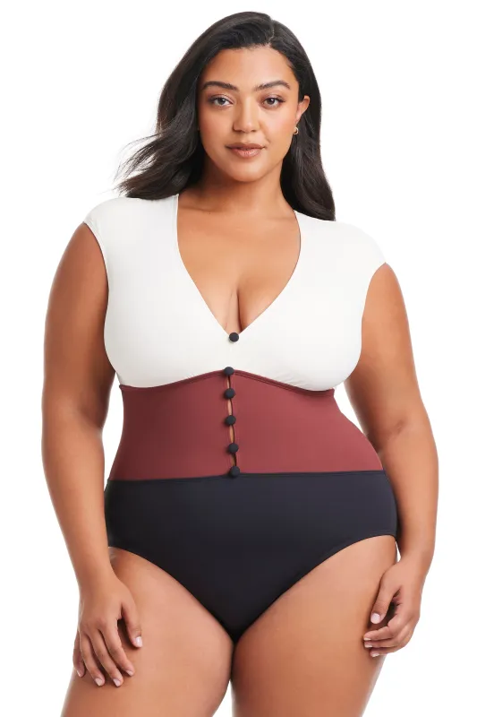 Plus Size Button Down Cap Sleeve One Piece Swimsuit sold by Bleu Rod Beattie