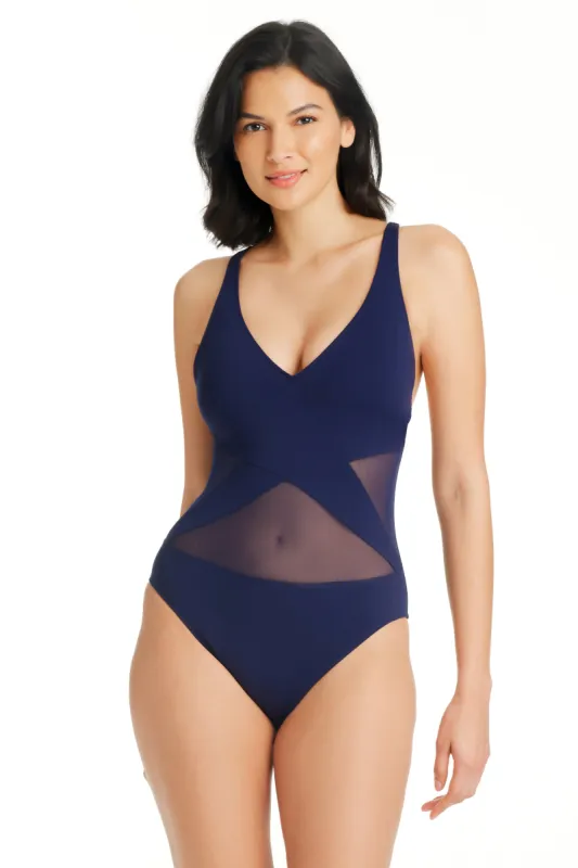 Don't Mesh With Me One Piece Surplice Mesh Swimsuit sold by Bleu Rod Beattie