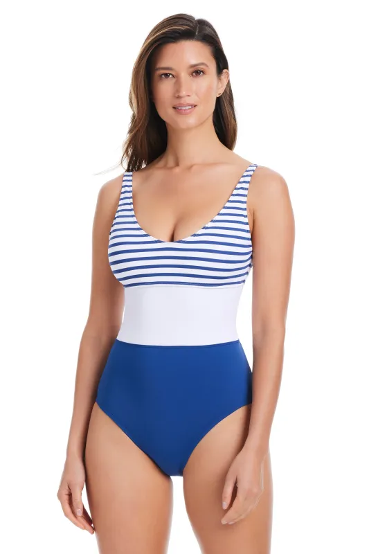 EXCLUSIVE! The Americana V Neck One Piece Swimsuit in Navy sold by Bleu Rod Beattie