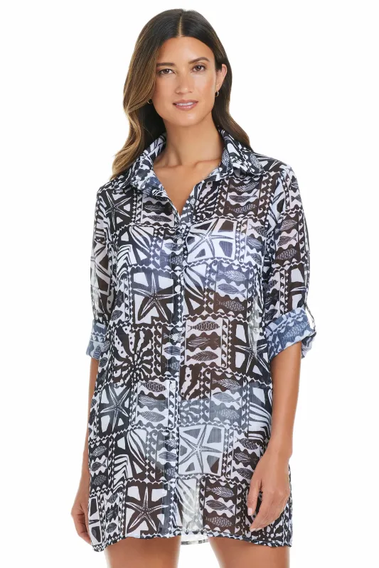 Catch Of The Day Chiffon Button Down Cover Up in Black sold by Bleu Rod Beattie