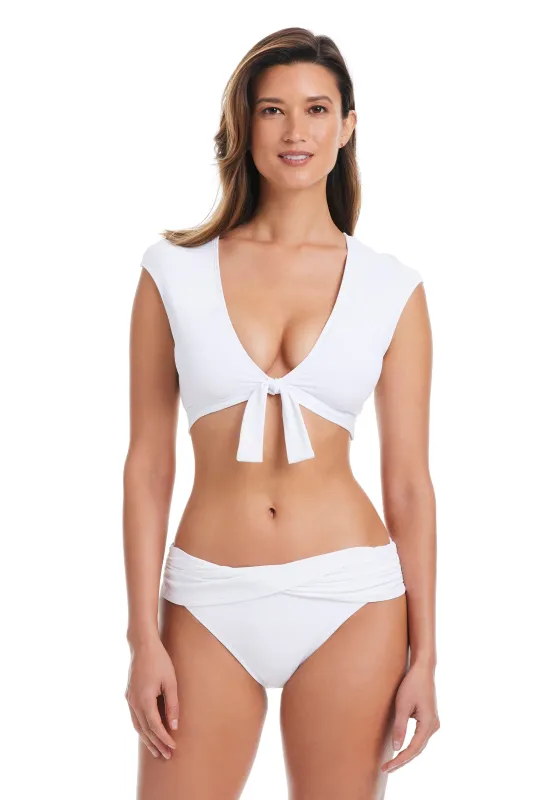 The Kore White Cap Sleeve Tie Front Bikini Top sold by Bleu Rod Beattie