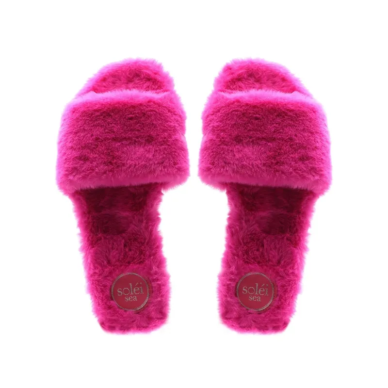 The Averie Hot Pink Faux Fur Slides sold by Bleu Rod Beattie