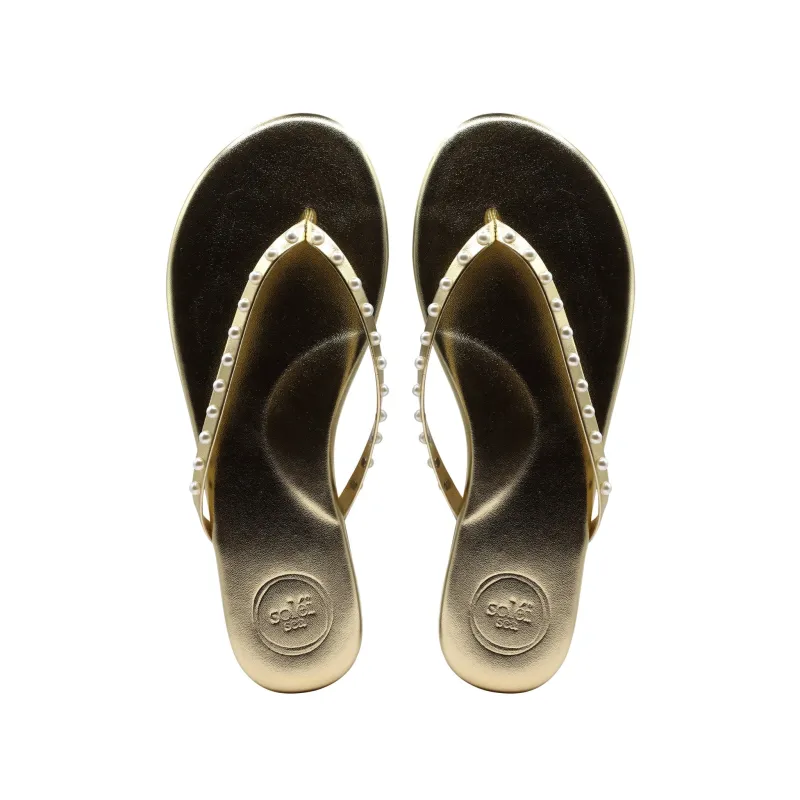 The Indie Sandal in Solid Metallic Gold with Pearls sold by Bleu Rod Beattie