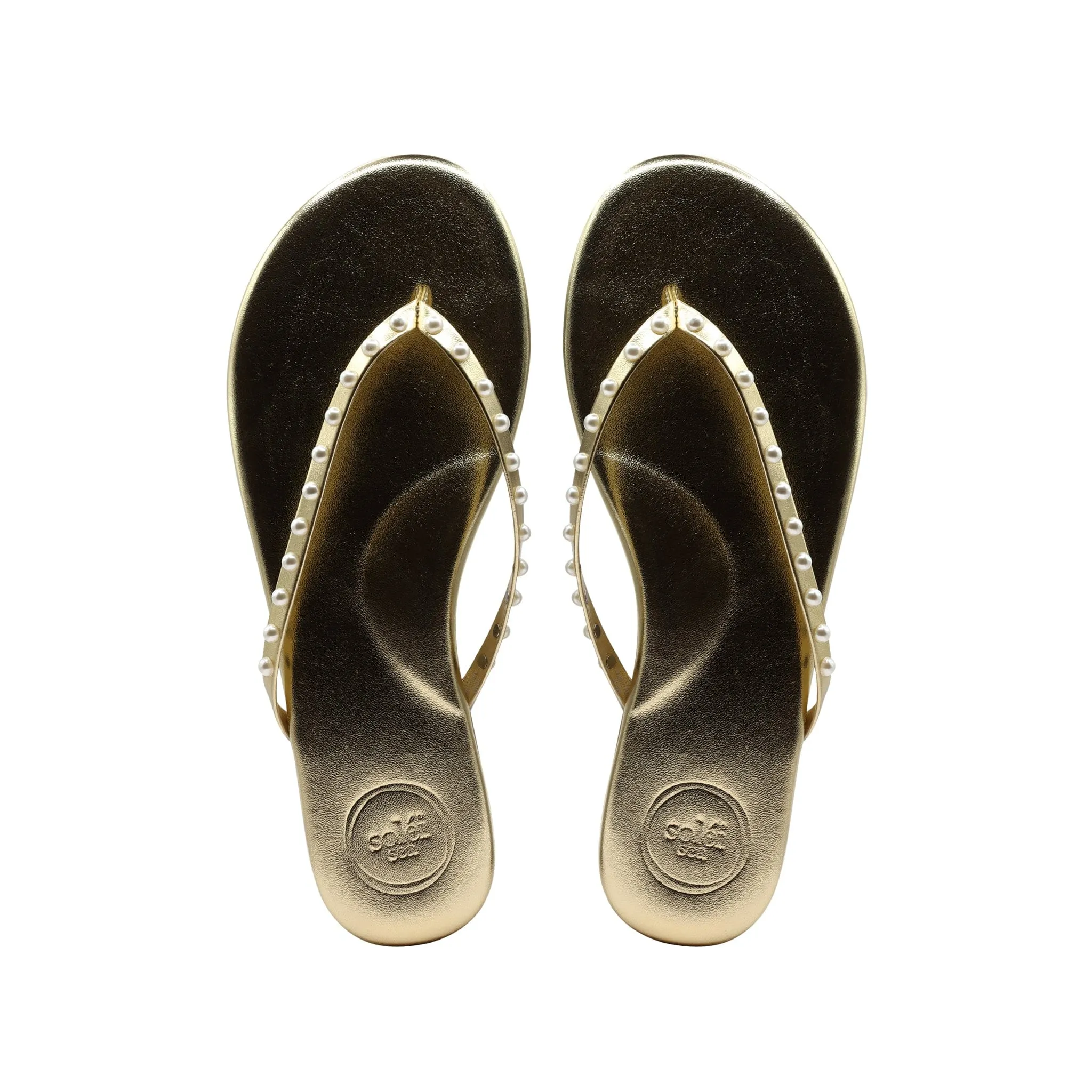 The Indie Sandal in Solid Metallic Gold with Pearls sold by Bleu Rod Beattie