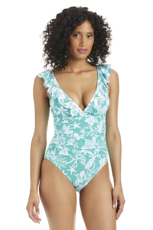 Mediterranean Breeze Plunge Halter Mio one-piece swimsuit made by Bleu Rod Beattie