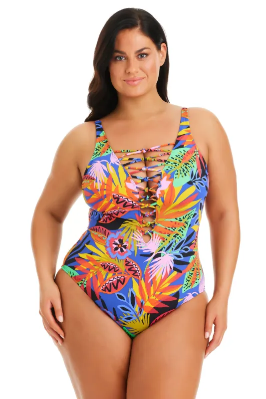 Night Safari Plunge Lace Down One Piece Swimsuit Plus sold by Bleu Rod Beattie