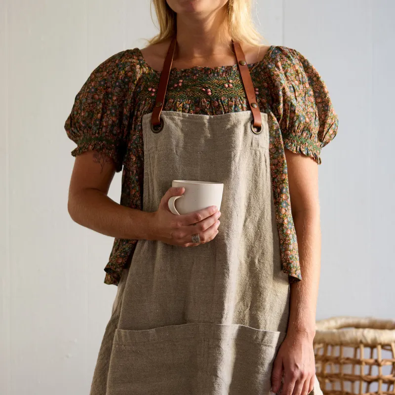 Stonewashed Natural Linen and Leather Apron sold by Bloomist