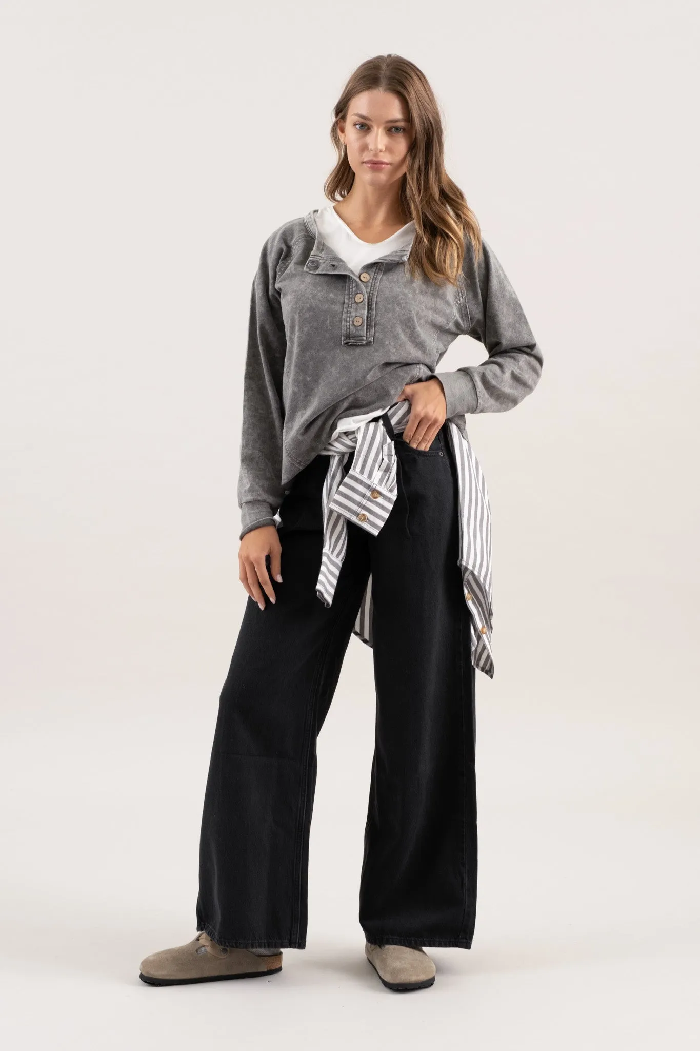 WASHED HENLEY RAGLAN LONG SLEEVE KNIT TOP sold by Blu Pepper