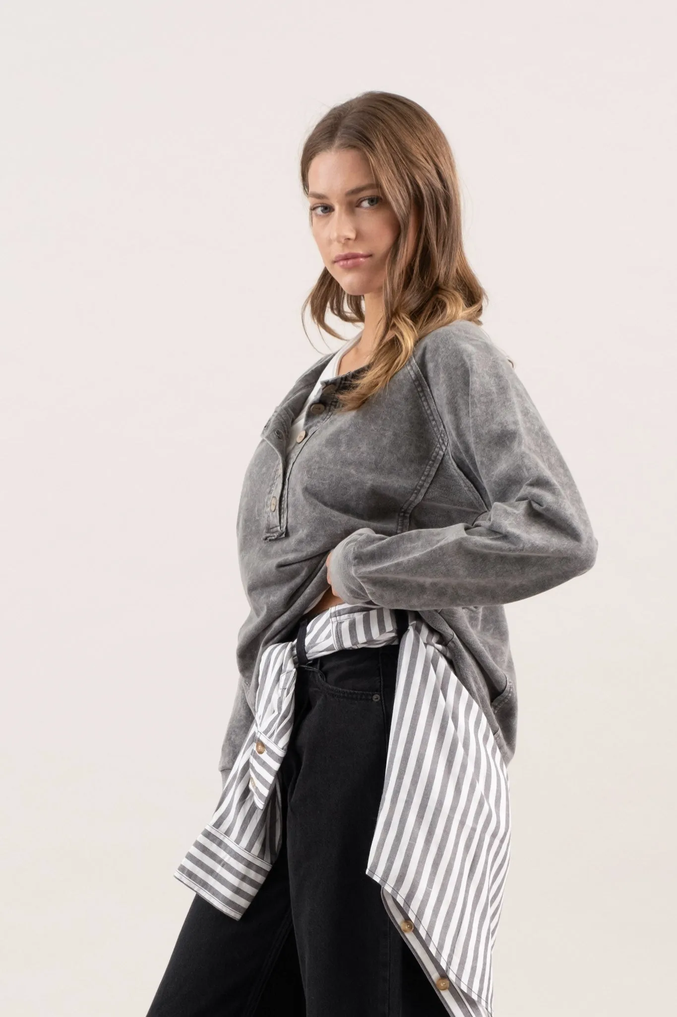 WASHED HENLEY RAGLAN LONG SLEEVE KNIT TOP sold by Blu Pepper product image thumbnail 3