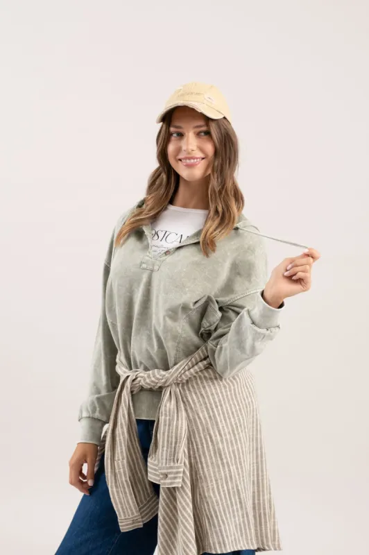 WASHED HOODED HENLEY KNIT SWEATER sold by Blu Pepper