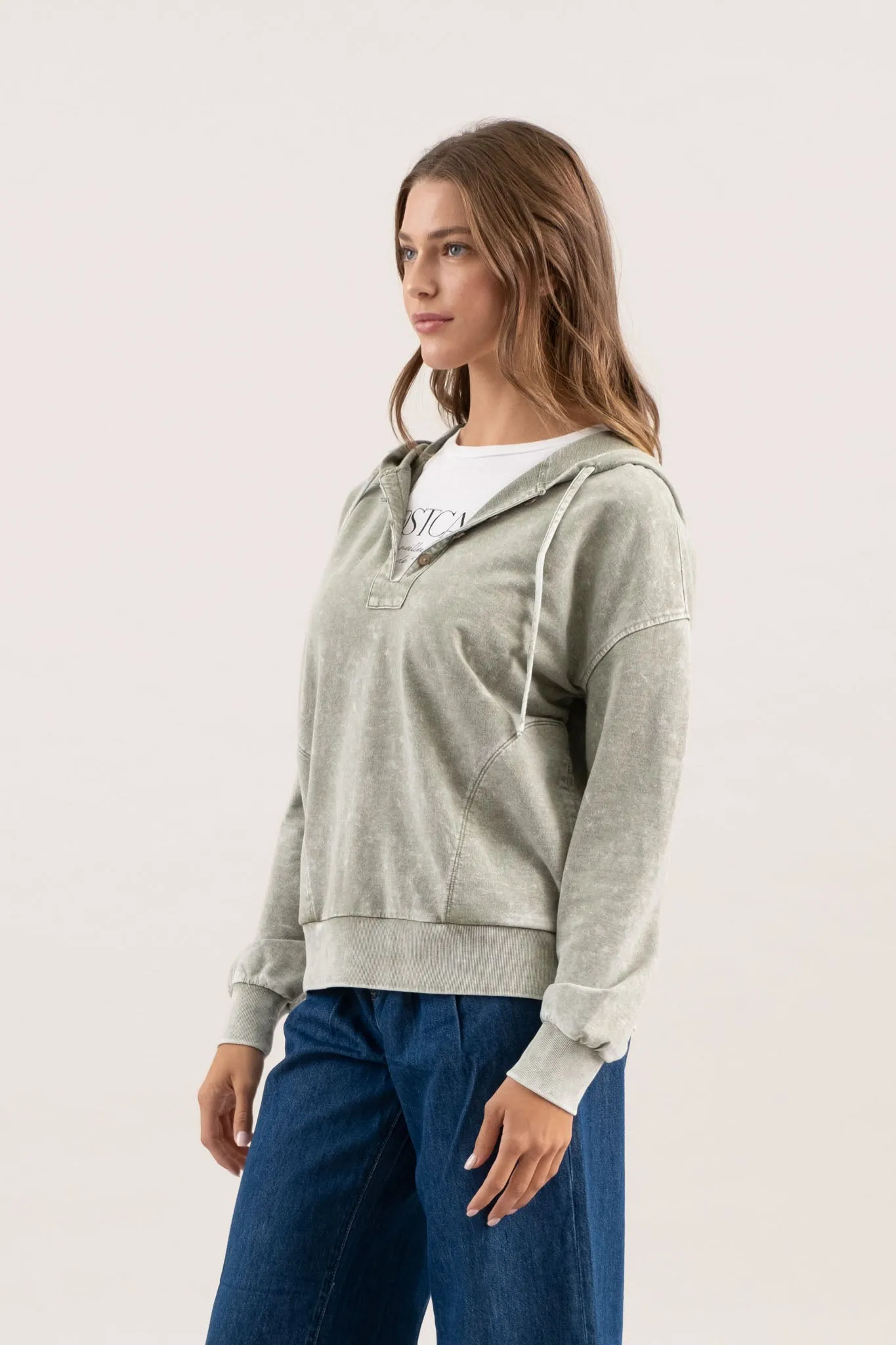 WASHED HOODED HENLEY KNIT SWEATER sold by Blu Pepper product image thumbnail 3