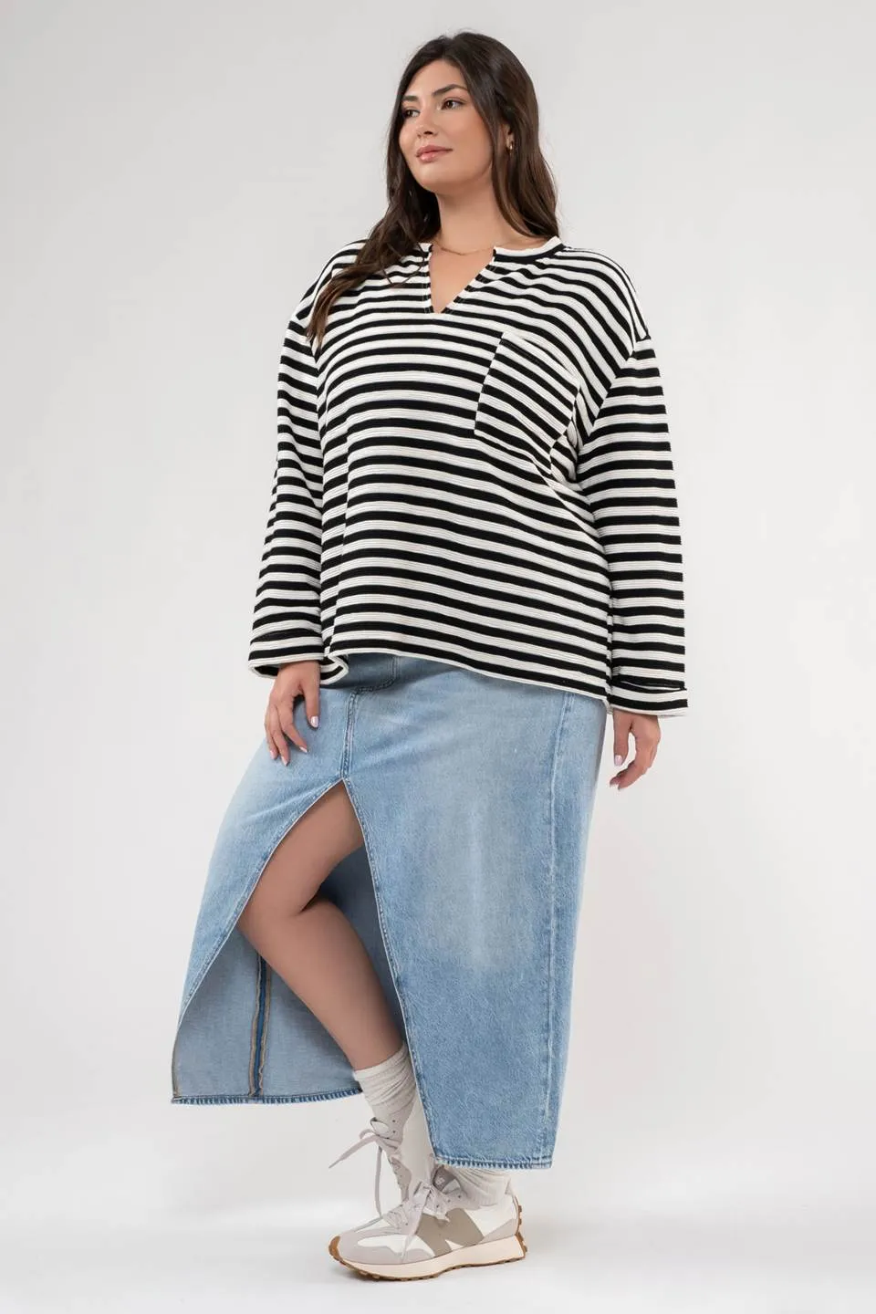 PLUS STRIPE WIDE LONG SLEEVE BACK BUTTON KNIT TOP sold by Blu Pepper product image thumbnail 3