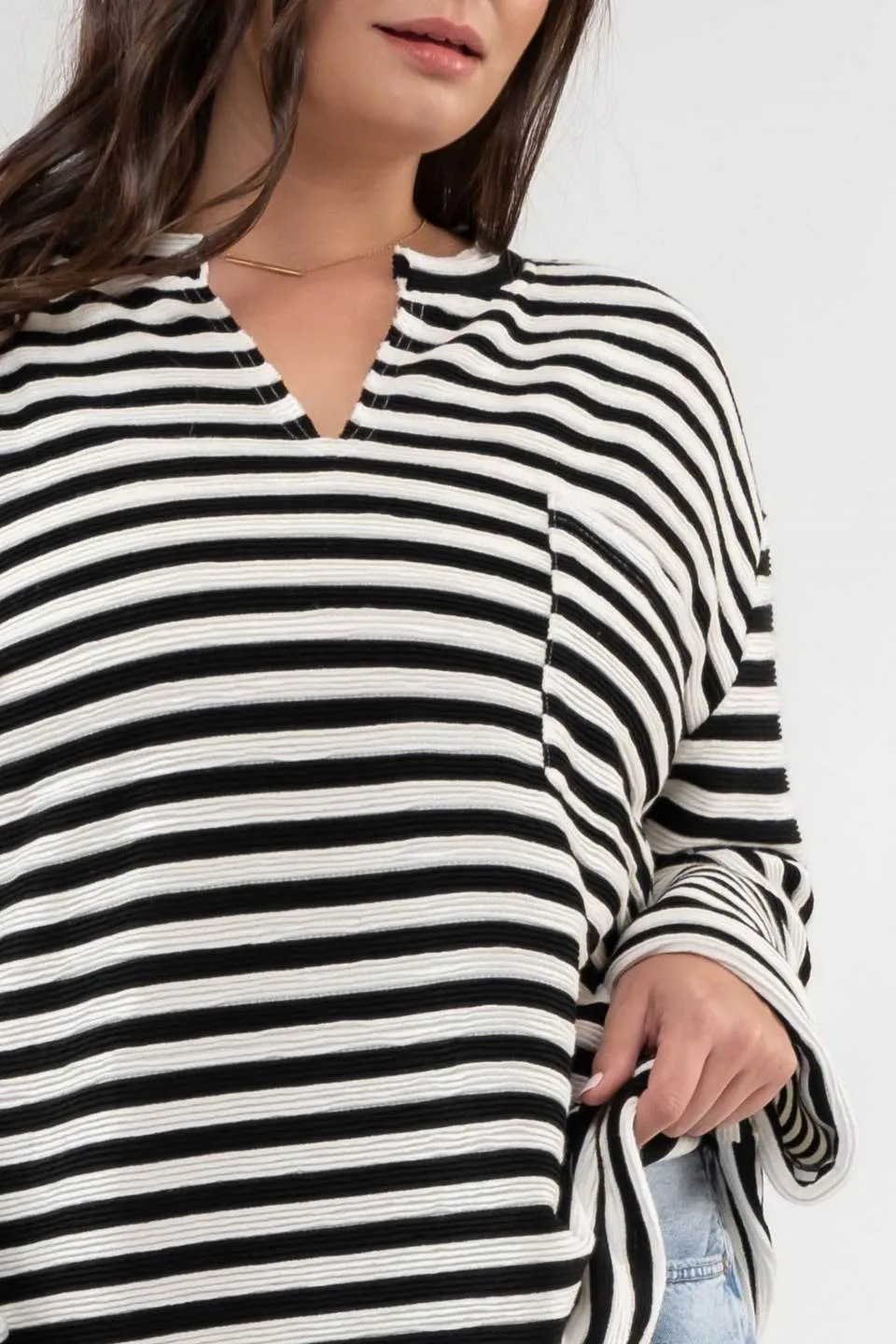 PLUS STRIPE WIDE LONG SLEEVE BACK BUTTON KNIT TOP sold by Blu Pepper product image thumbnail 4