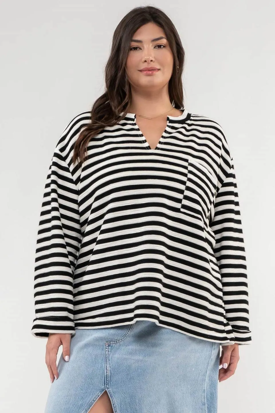 PLUS STRIPE WIDE LONG SLEEVE BACK BUTTON KNIT TOP sold by Blu Pepper