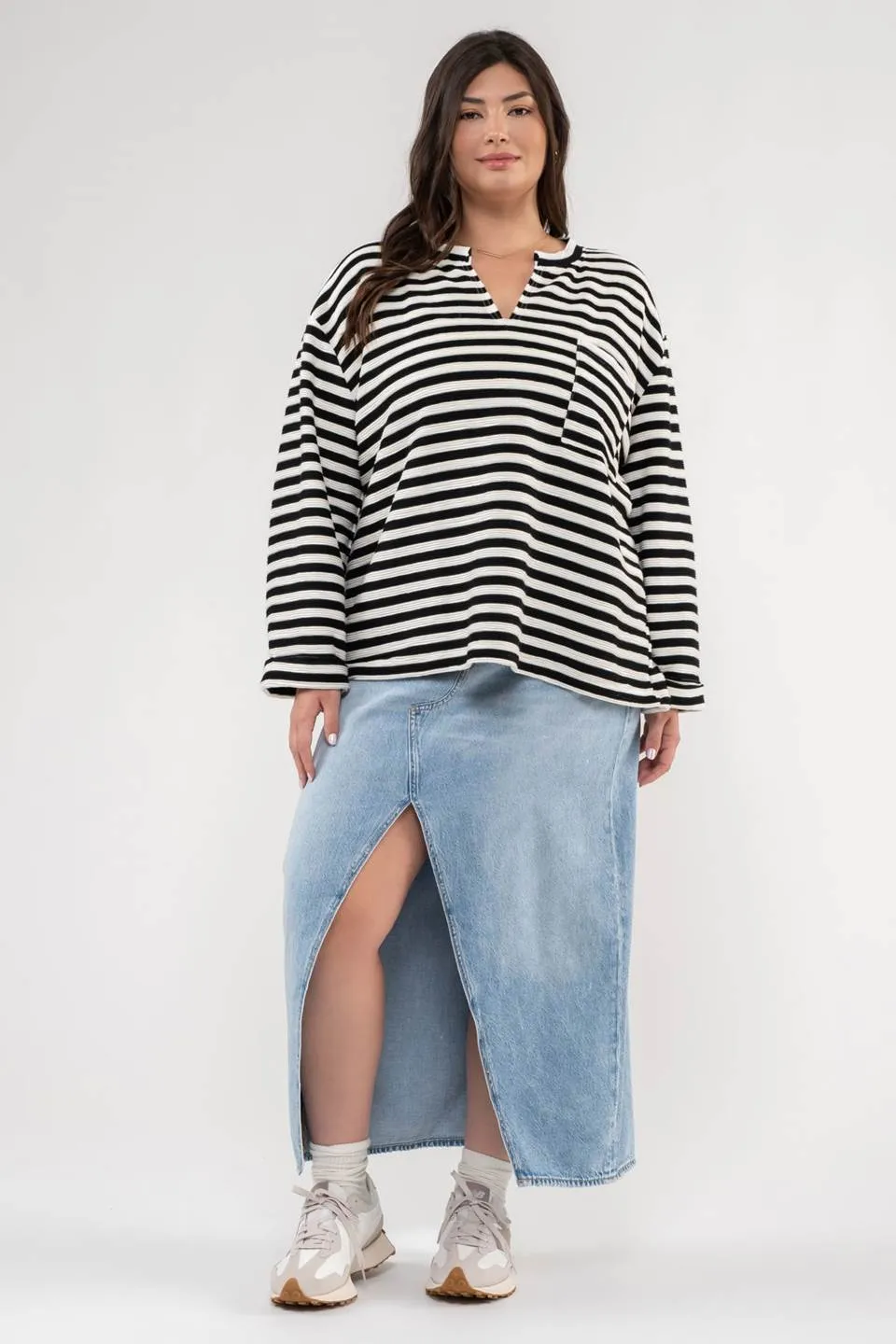 PLUS STRIPE WIDE LONG SLEEVE BACK BUTTON KNIT TOP sold by Blu Pepper product image thumbnail 5