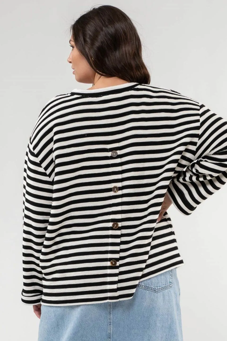 PLUS STRIPE WIDE LONG SLEEVE BACK BUTTON KNIT TOP sold by Blu Pepper product image thumbnail 2