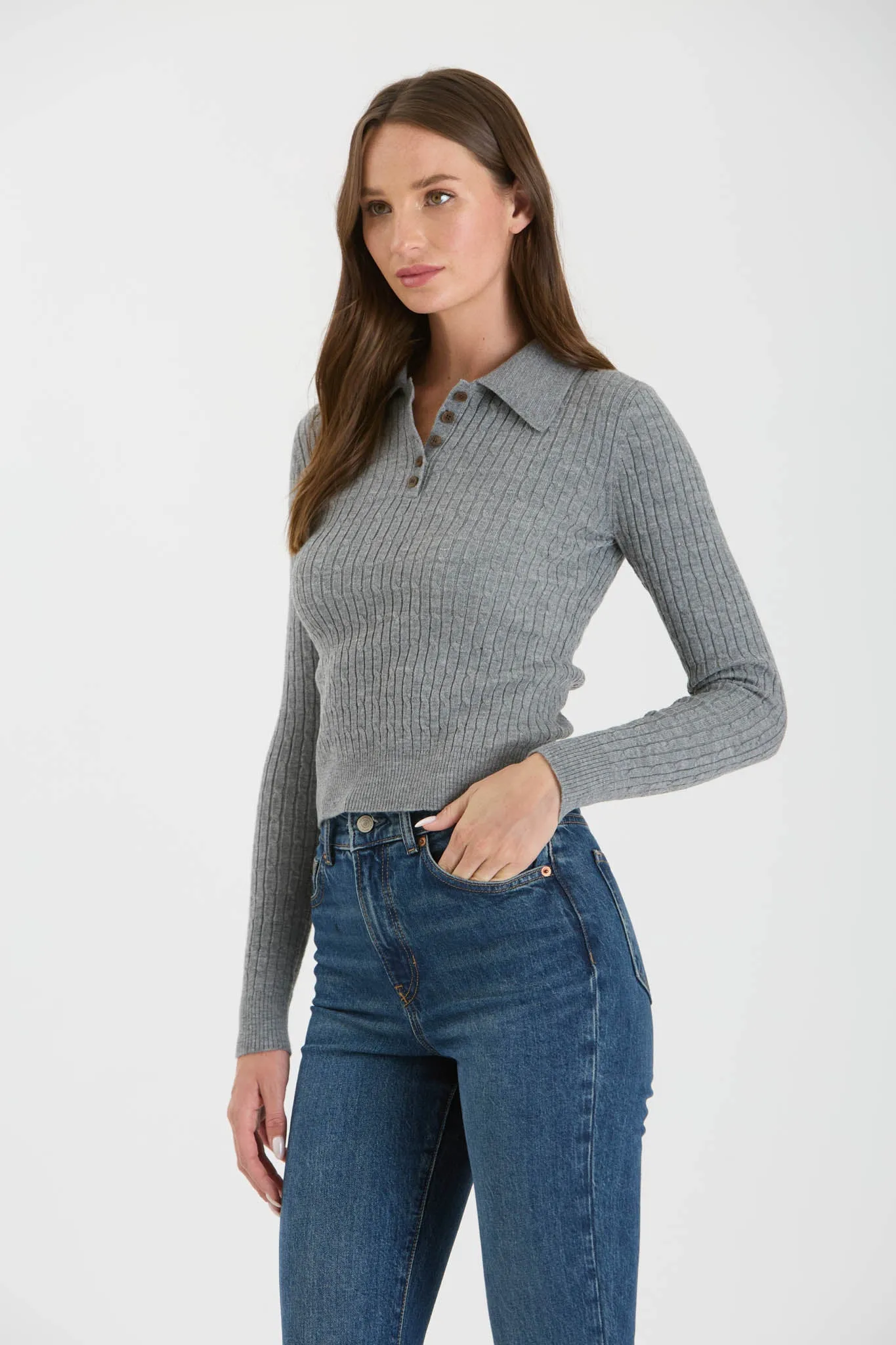 COLLARED POLO LONG SLEEVE KNIT TOP sold by Blu Pepper product image thumbnail 3