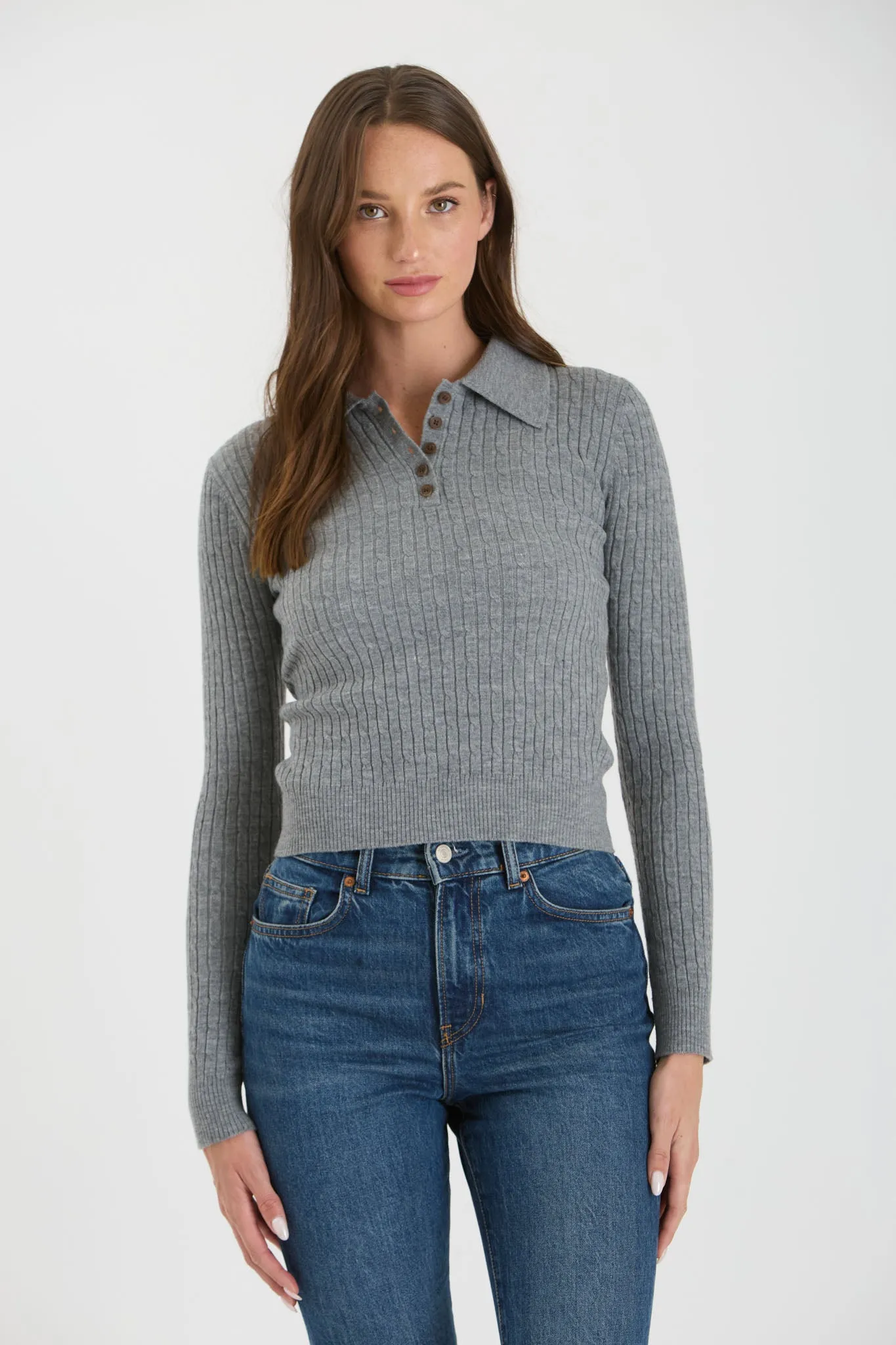 COLLARED POLO LONG SLEEVE KNIT TOP sold by Blu Pepper product image thumbnail 4